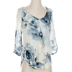 Lucky Brand White & Blue Floral Printed Gauzy Cotton Cold Shoulder Peasant Top